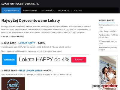 Oferuję na mojej witrynie internetowej najlepsze depozyty bankowe. Depozyty bankowe to najbardziej sprawdzona metoda lokowania kapitału spośród wszystkich innych możliwości, czyli akcje, fundusze, mieszkania, metale szlachetne i wiele innych. Lokaty zabezpieczone są przez Bankowy Fundusz Gwarancyjny. W przypadku gdyby instytucja finansowa ogłosiła upadłość, to Bankowy Fundusz Gwarancyjny zmuszony jest do wypłaty zysku inwestorowi. Wysokość oprocentowania lokaty jest zależna od wysokości stóp procentowych. Strona internetowa Lokatyoprocentowanie.pl jest modernizowana bardzo często, dzięki temu depozyty bankowe są zawsze nowe. ./_thumb/www.lokatyoprocentowanie.pl.png