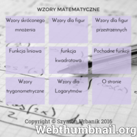 Na stronie znajduje się lista wzorów matematycznych. Można tu znaleźć wzory funkcji liniowej, kwadratowej oraz pochodnych funkcji, a także na pola figur płaskich i przestrzennych. 