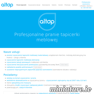 Od 2007 roku oferujemy klientom indywidualnym oraz firmom usługi w zakresie: specjalistyczne pranie  oraz czyszczenie tapicerek meblowych maszyną firmy Karcher, tzw. metodą ekstrakcyjną czyli na mokro, metodą najskuteczniejszą. Czyszczenie materacy, pranie łóżek, czyszczenie kanapy lub czyszczenie krzeseł. Ponadto proponujemy: czyszczenie tapicerki meblowej skórzanej. Wszystkie usługi są wykonywane u klienta w domu lub biurze w Krakowie i jego okolicach (w promieniu do 25 km od granic miasta). Pracę wykonujemy z pasją i zaangażowaniem. ./_thumb1/www.altop.pl.png